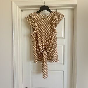 Mustard Seed Tan Checkered Tie Waist Blouse Blouse Size S NWOT